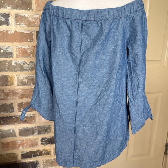 Free People Show Me Some Shoulder Chambray Cotton Linen Denim Off Shoulder Top - Picture 4 of 13